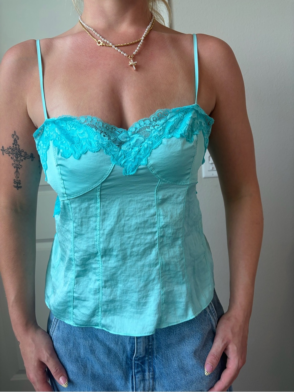 Free People Teal Lace-Trim Satin Chemise